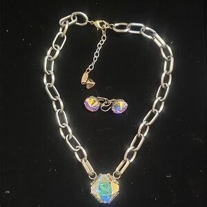 Sabika Silver Link Necklace with Iridescent Crystal Pendant and Studs